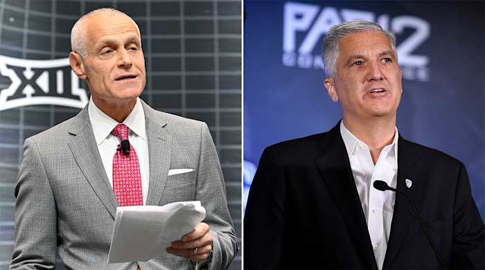 Big 12 commissioner Brett Yormark and Pac-12 commissioner George Kliavkoff.